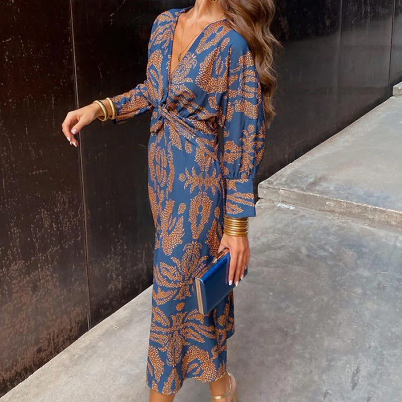 Janella Vintage Draped Long Sleeve Midi Dress